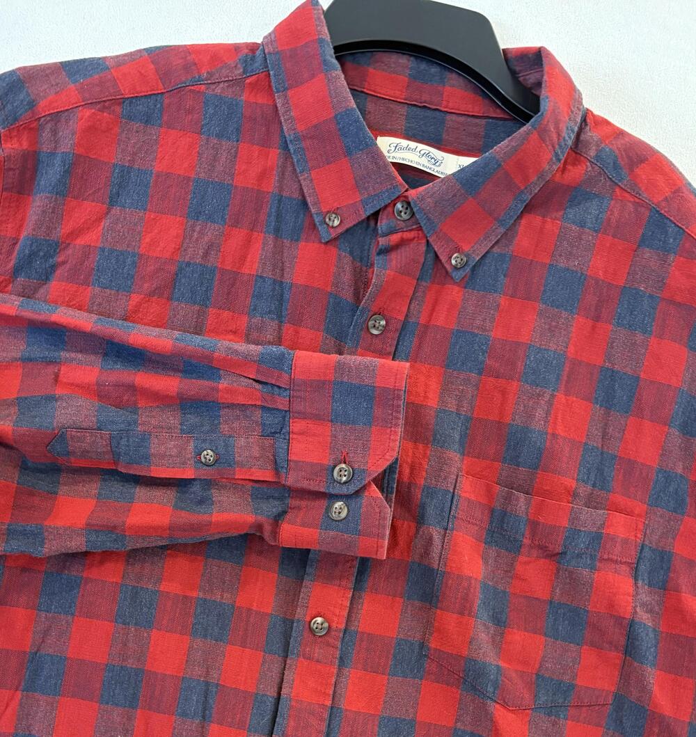 Faded Glory Shirt Mens XL Red Blue Buffalo Check Plaid Button Down Cotton
